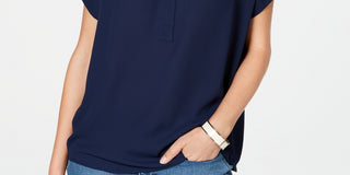 Charter Club Top feminino pequeno com decote aberto e manga curta, azul, tamanho GG