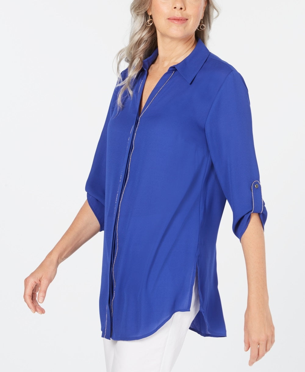 Camisa utilitária feminina JM Collection com detalhes em azul, tamanho PP