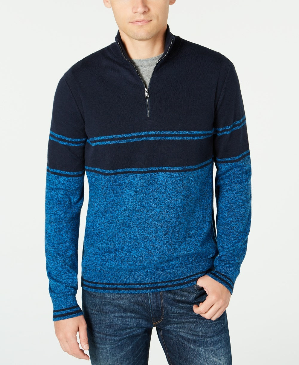 Suéter listrado masculino Michael Kors com zíper de um quarto, azul, tamanho XX-G