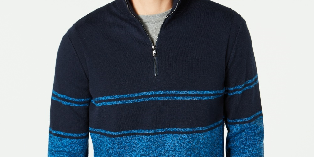 Suéter listrado masculino Michael Kors com zíper de um quarto, azul, tamanho XX-G
