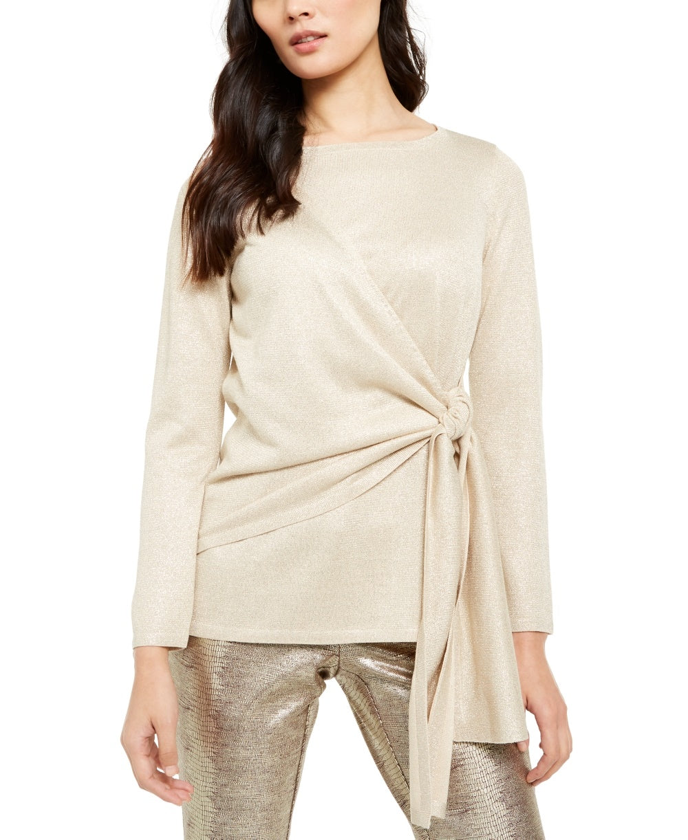 Blusa Alfani Feminina com Mistura Metálica e Amarração Lateral, Bege, Tamanho Pequeno