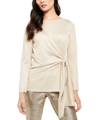 Blusa Alfani Feminina com Mistura Metálica e Amarração Lateral, Bege, Tamanho Pequeno