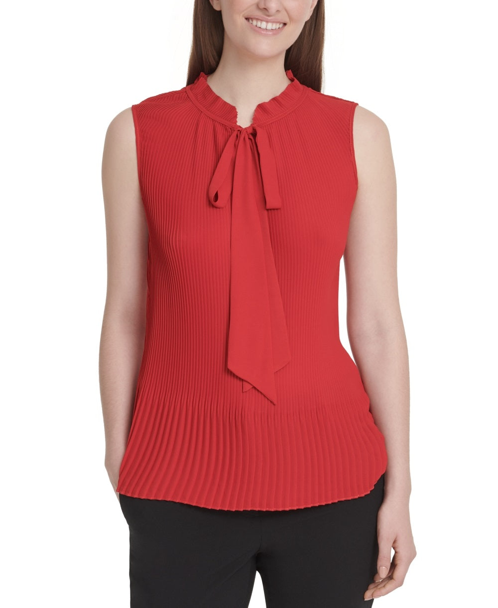 DKNY Top feminino sem mangas com gola alta e pregas, vermelho, tamanho extragrande