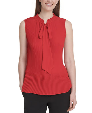 DKNY Women's Sleeveless Pleated Tie Neck Top Red Size X-Large