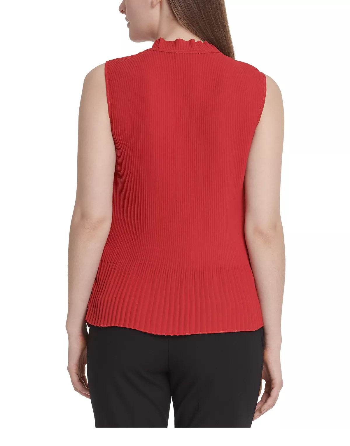 DKNY Top feminino sem mangas com gola alta e pregas, vermelho, tamanho extragrande