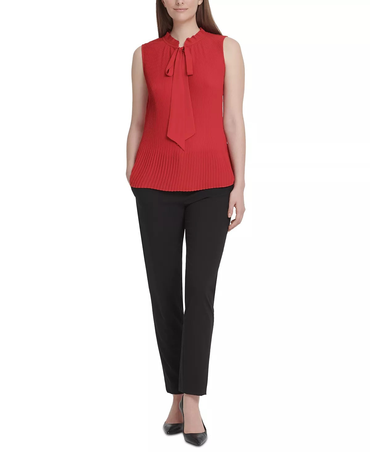 DKNY Top feminino sem mangas com gola alta e pregas, vermelho, tamanho extragrande