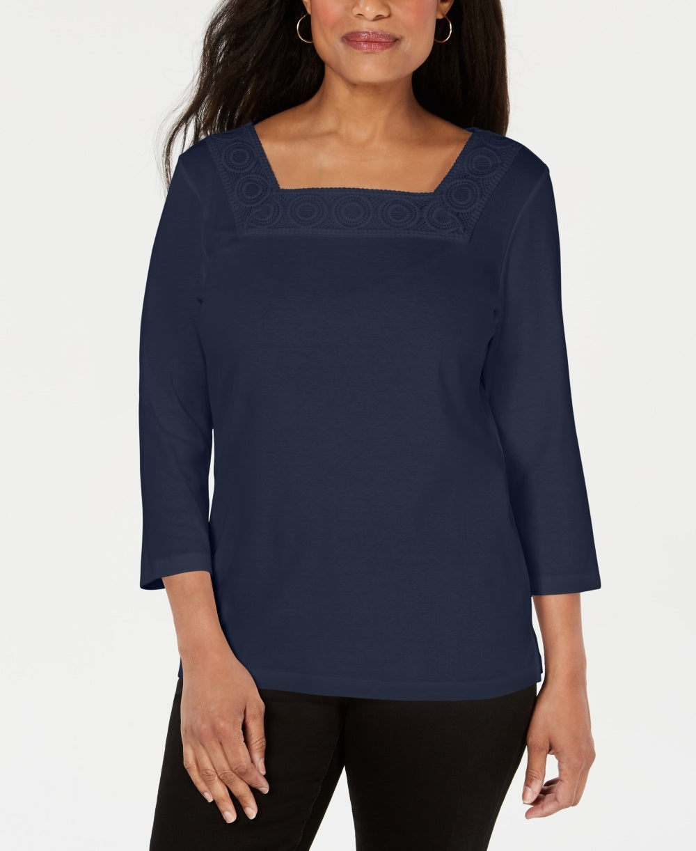 Blusa feminina Karen Scott de crochê com decote quadrado, azul marinho, tamanho médio