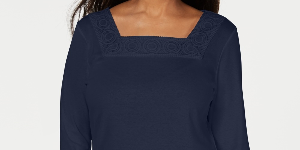 Blusa feminina Karen Scott de crochê com decote quadrado, azul marinho, tamanho médio