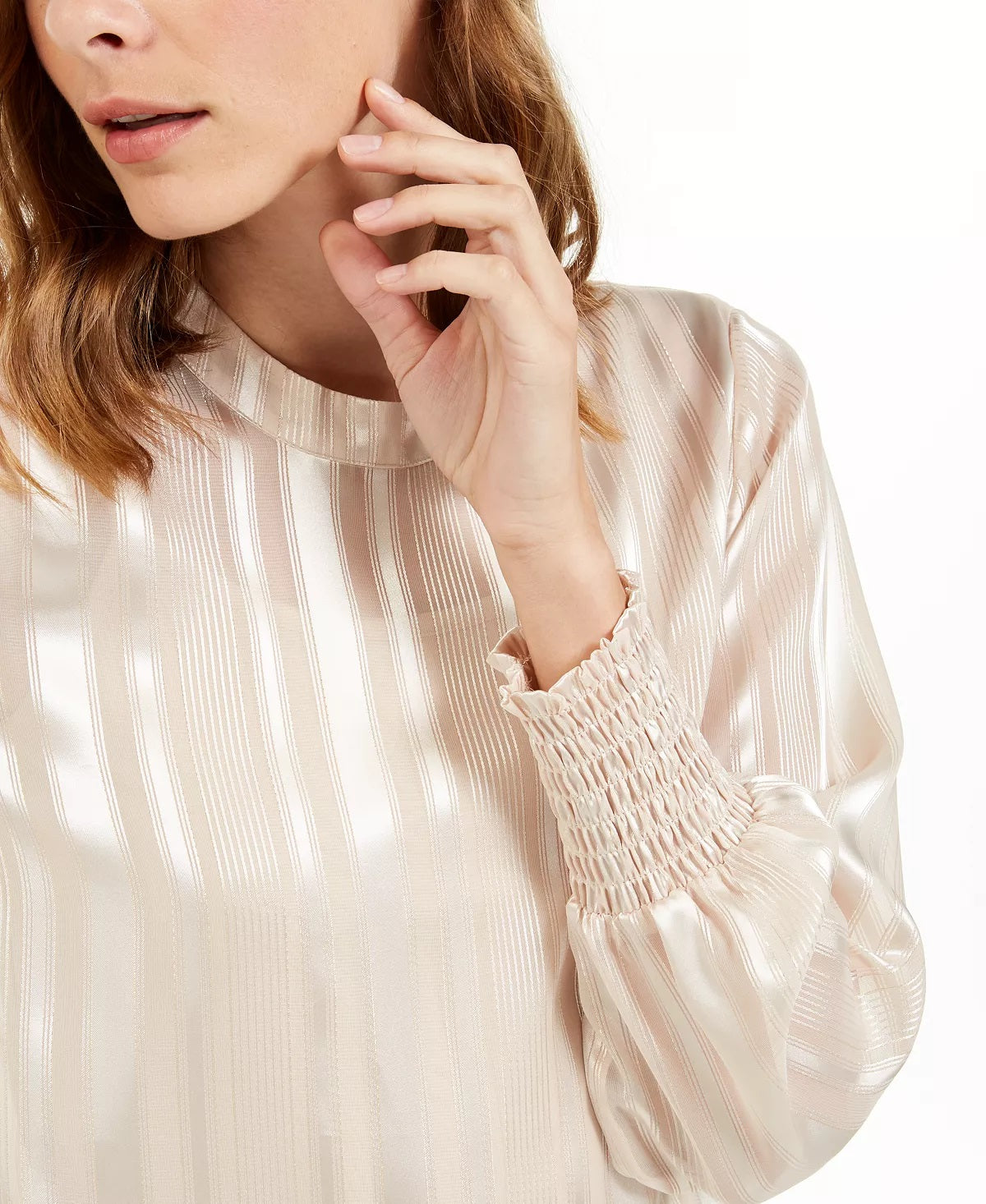 Blusa feminina Alfani listrada com gola falsa, bege, tamanho pequeno