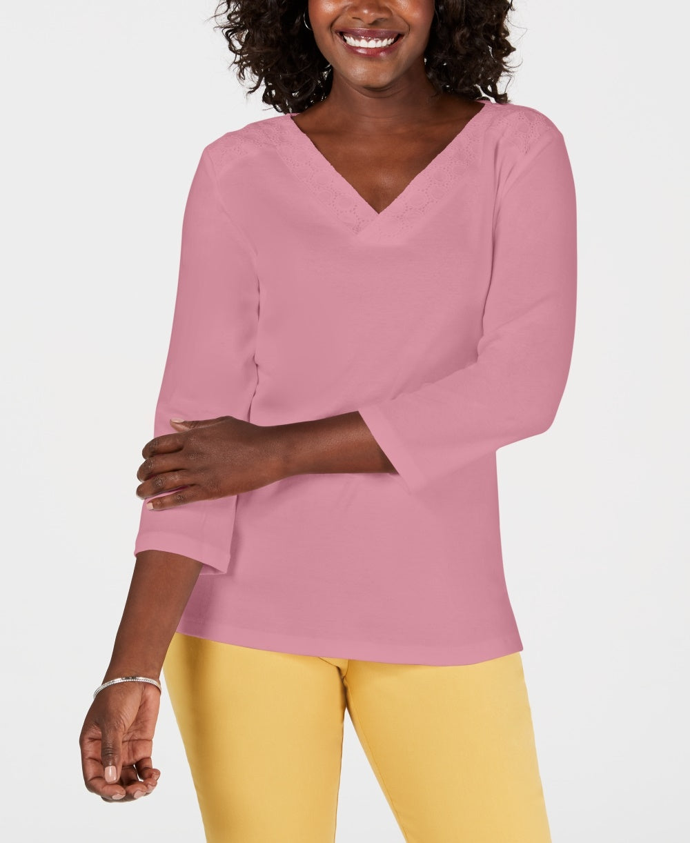 Karen Scott Blusa Feminina de Algodão com Ilhós e Gola V Rosa Tamanho Pequeno Médio