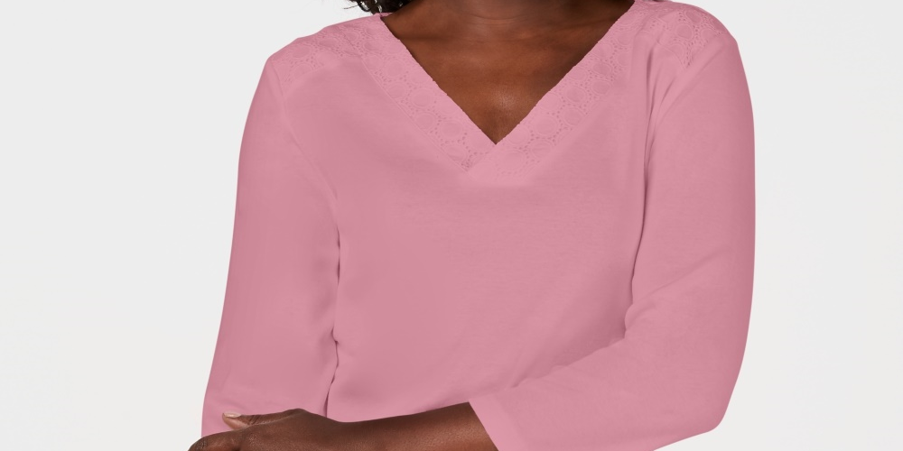 Karen Scott Blusa Feminina de Algodão com Ilhós e Gola V Rosa Tamanho Pequeno Médio