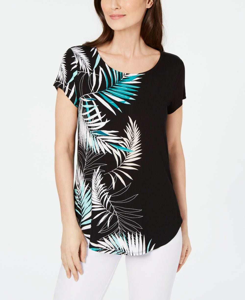 Camiseta feminina Alfani estampada com bainha redonda, preta, tamanho pequeno médio