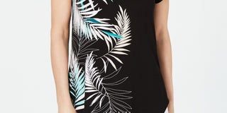 Camiseta feminina Alfani estampada com bainha redonda, preta, tamanho pequeno médio