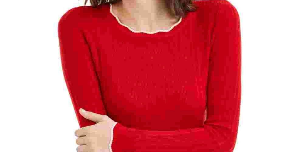 Suéter feminino Maison Jules com gola redonda canelada, vermelho, tamanho X P