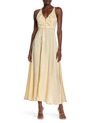 Vestido de coquetel feminino Free People, liso, sem mangas, decote em V, comprimento chá, cintura império, amarelo, tamanho pequeno