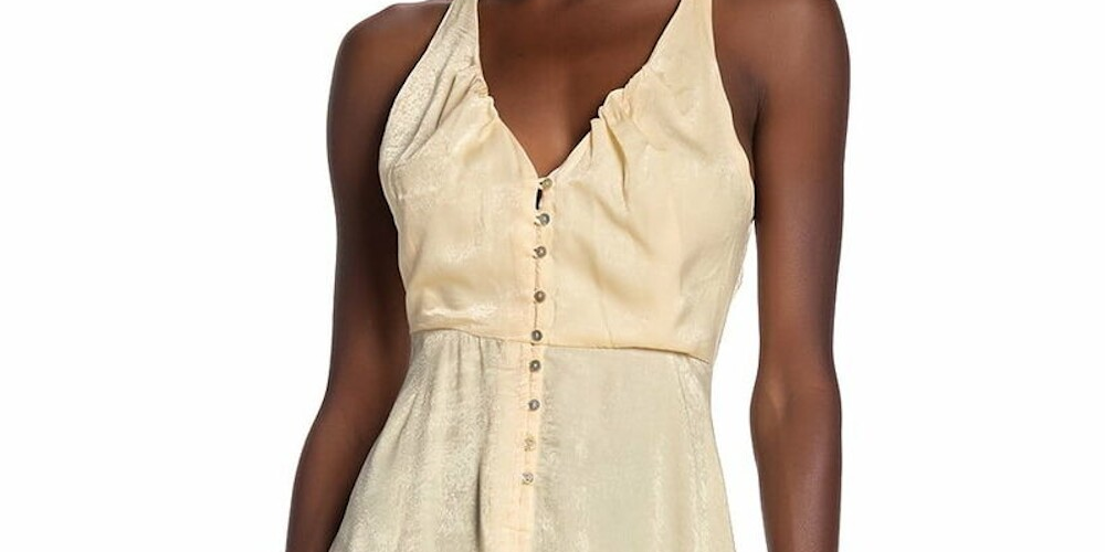 Vestido de coquetel feminino Free People, liso, sem mangas, decote em V, comprimento chá, cintura império, amarelo, tamanho pequeno