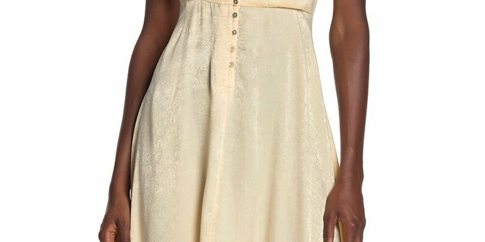 Vestido de coquetel feminino Free People, liso, sem mangas, decote em V, comprimento chá, cintura império, amarelo, tamanho pequeno