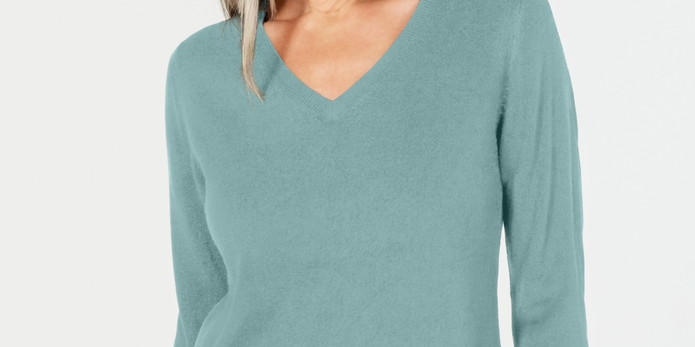 Karen Scott Suéter feminino pequeno com decote em V azul claro tamanho PS/M