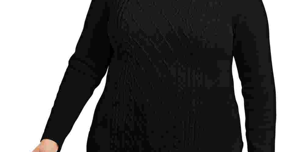 Suéter feminino Charter Club Plus com acabamento canelado e mangas abotoadas, gola redonda, preto, tamanho 2X