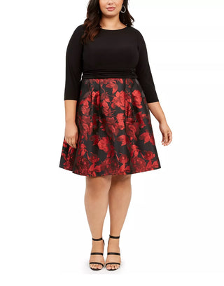 Vestido feminino plus size Jessica Howard com estampa floral e ajuste evasê, preto/vermelho, tamanho 24W