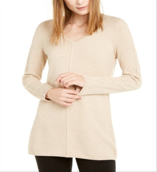 Alfani Suéter túnica feminino com decote em V marrom tamanho médio