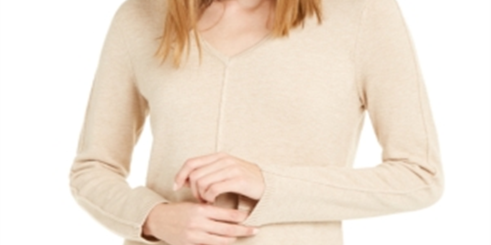 Alfani Suéter túnica feminino com decote em V marrom tamanho médio