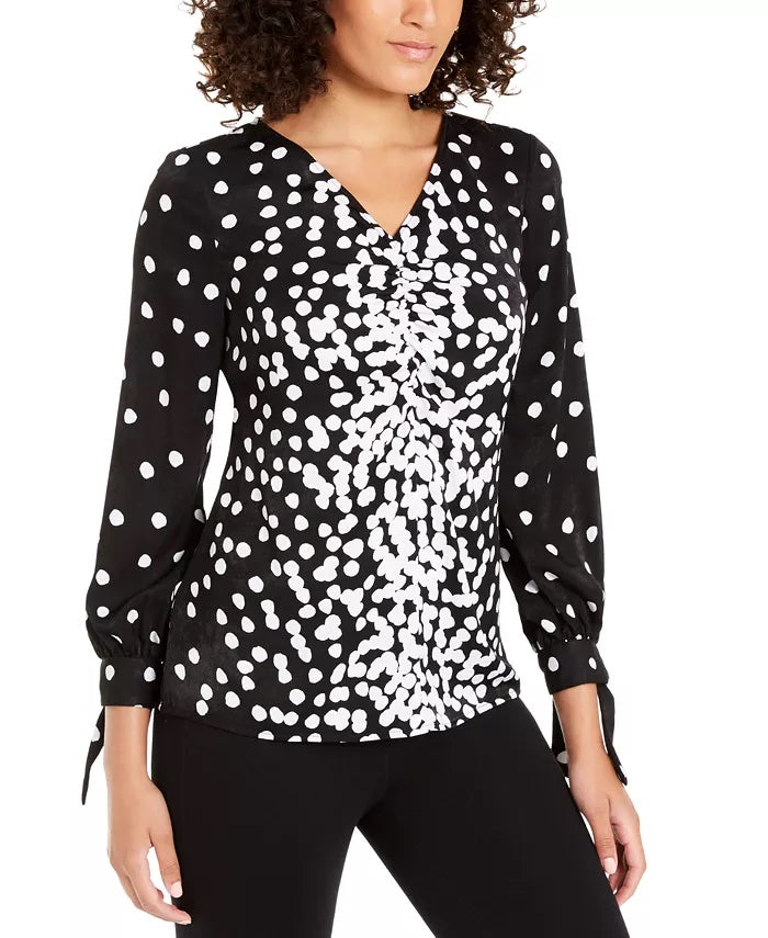 Blusa feminina Alfani com mangas franzidas e amarração, preta, tamanho XX-G