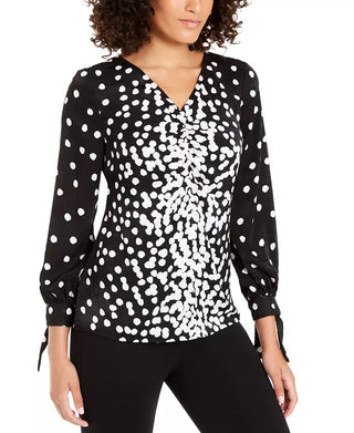 Blusa feminina Alfani com mangas franzidas e amarração, preta, tamanho XX-G