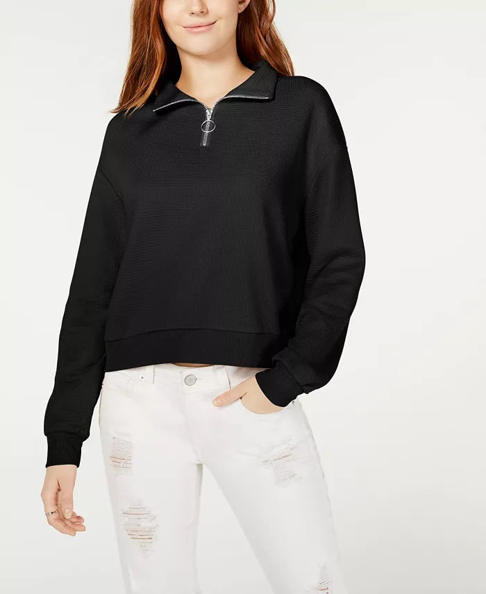 Blusa de malha waffle com zíper e zíper Crave Fame Juniors, preta, tamanho grande