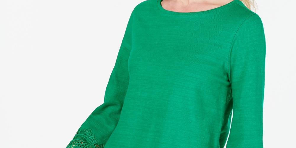 Top feminino Charter Club com acabamento em renda de algodão, verde, tamanho X-S