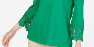 Top feminino Charter Club com acabamento em renda de algodão, verde, tamanho X-S