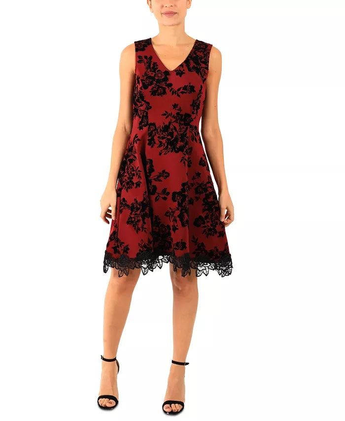 Vestido feminino Donna Ricco com decote em V e ajuste evasê, vermelho, tamanho 12