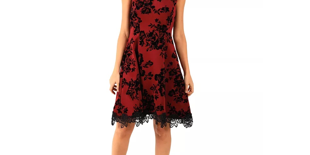 Vestido feminino Donna Ricco com decote em V e ajuste evasê, vermelho, tamanho 12