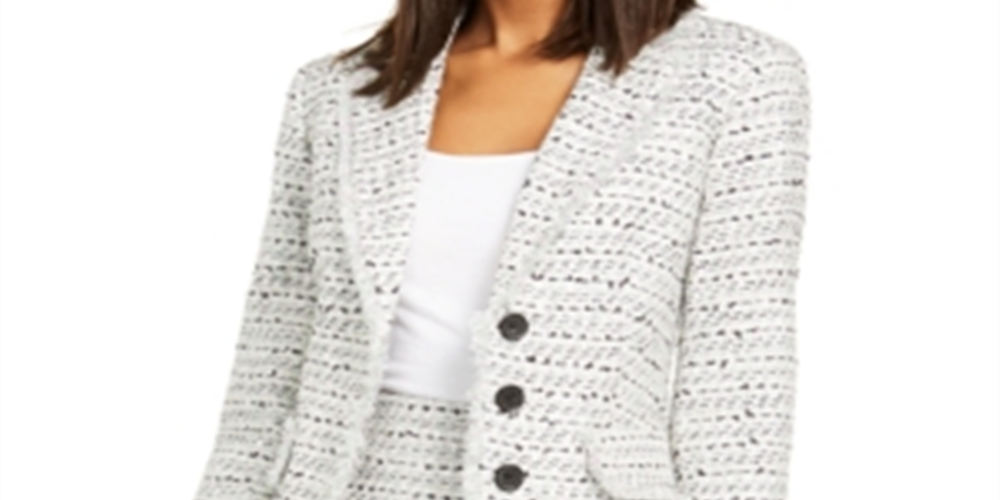 Karl Lagerfeld Blazer curto de tweed feminino de quatro botões, branco - verde, tamanho 13