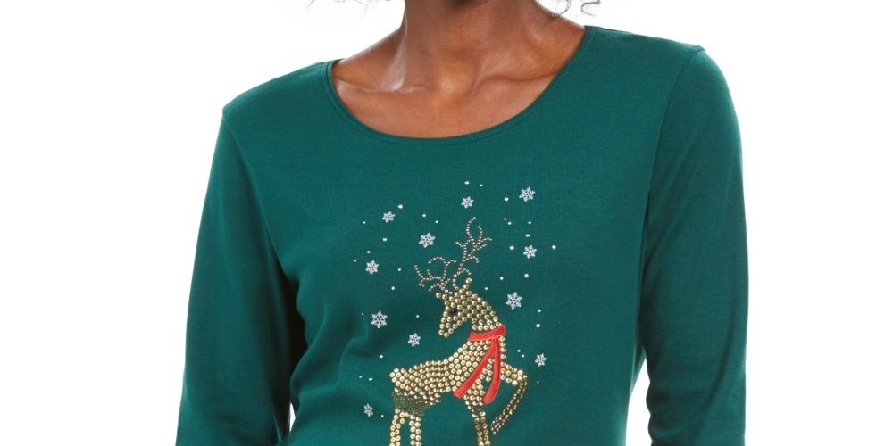 Karen Scott Blusa Feminina Deer Decor Gola Redonda Verde Tamanho Pequeno