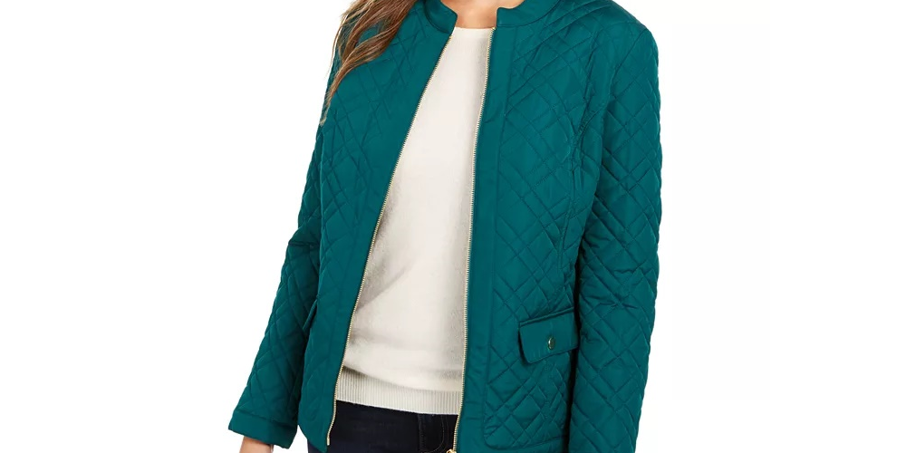 Jaqueta feminina acolchoada com gola mandarim Charter Club, verde, tamanho X-S