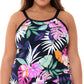 Top tankini feminino com aro floral e deco Swim Solutions, preto, tamanho 24W