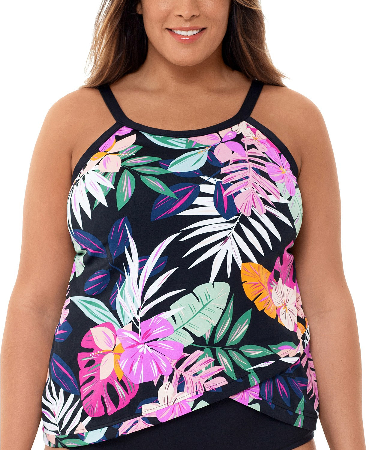 Top tankini feminino com aro floral e deco Swim Solutions, preto, tamanho 24W
