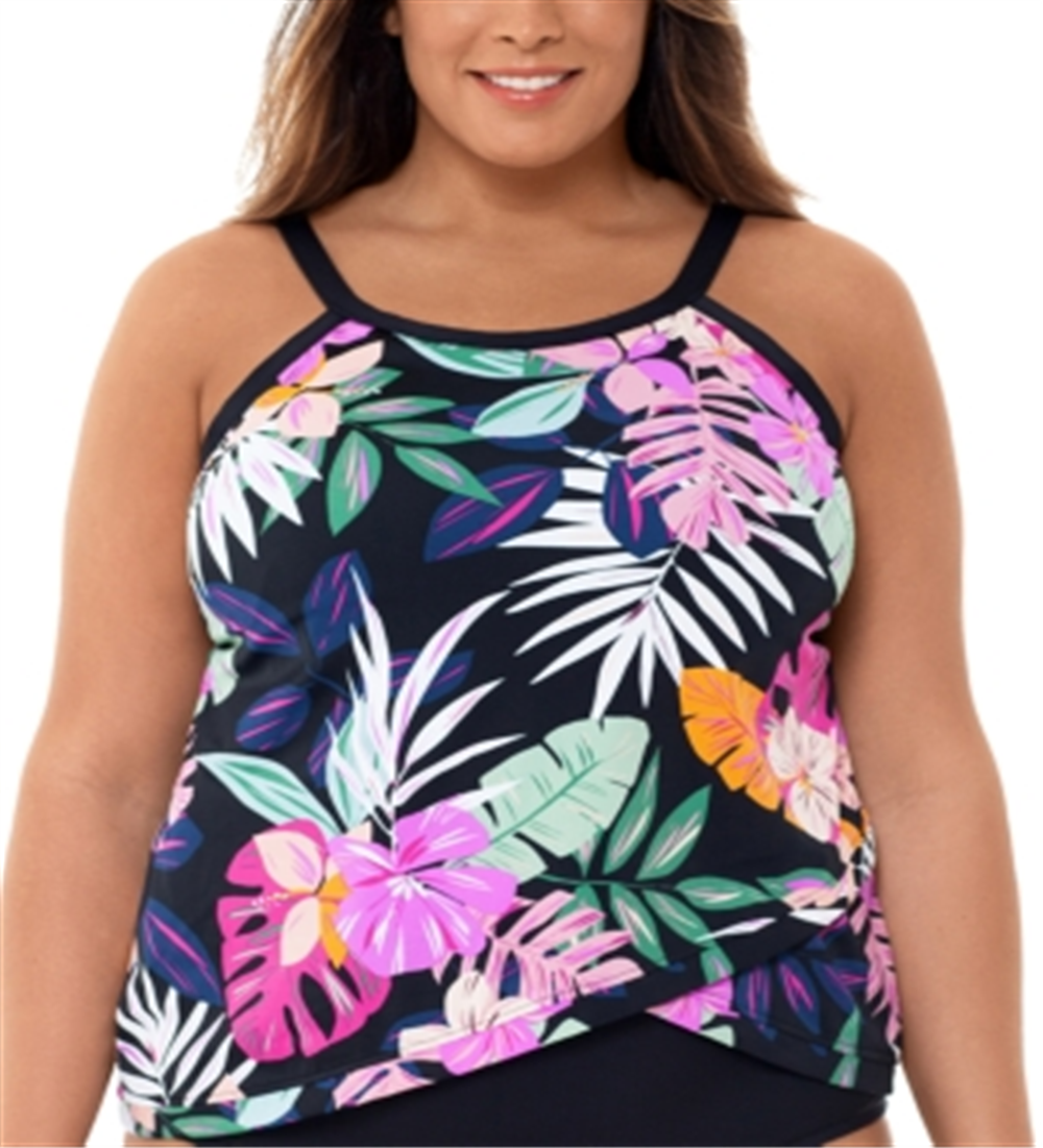 Top tankini feminino com aro floral e deco Swim Solutions, preto, tamanho 24W