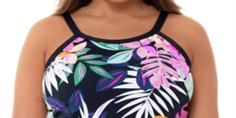 Top tankini feminino com aro floral e deco Swim Solutions, preto, tamanho 24W