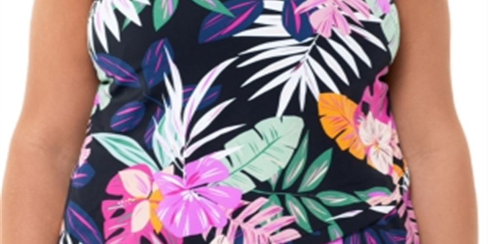 Top tankini feminino com aro floral e deco Swim Solutions, preto, tamanho 24W