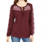 Blusa feminina bordada com decote redondo e amarração estilo &amp; co, vinho, tamanho grande