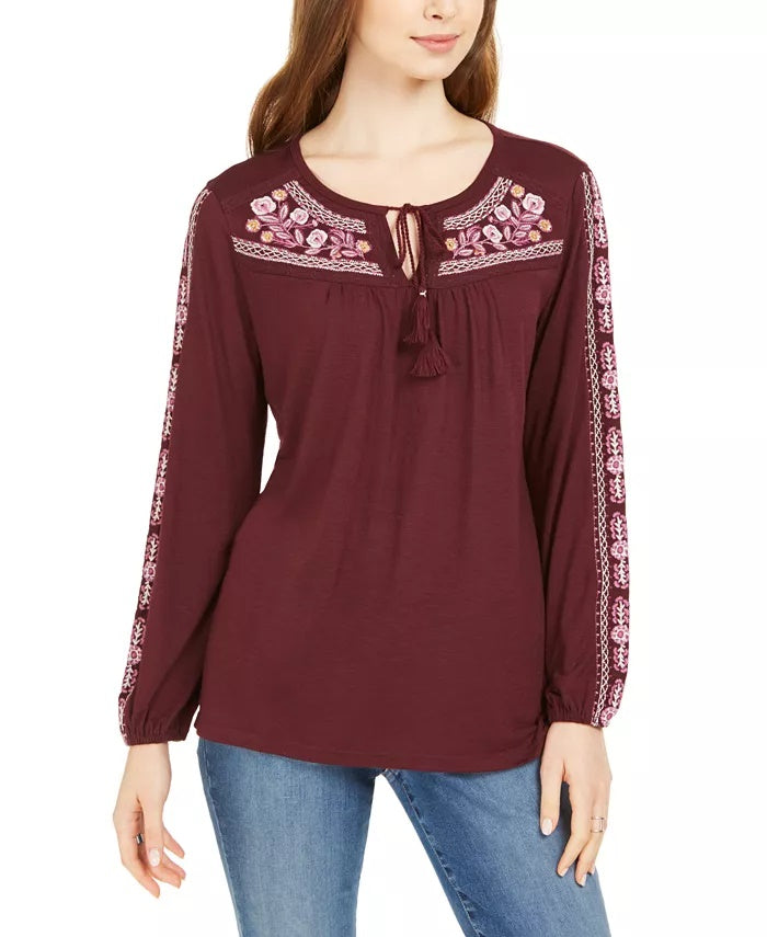 Blusa feminina bordada com decote redondo e amarração estilo &amp; co, vinho, tamanho grande