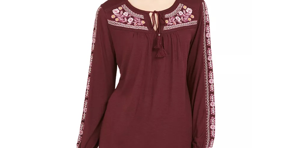 Blusa feminina bordada com decote redondo e amarração estilo &amp; co, vinho, tamanho grande