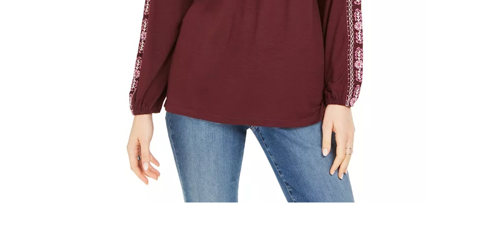 Blusa feminina bordada com decote redondo e amarração estilo &amp; co, vinho, tamanho grande