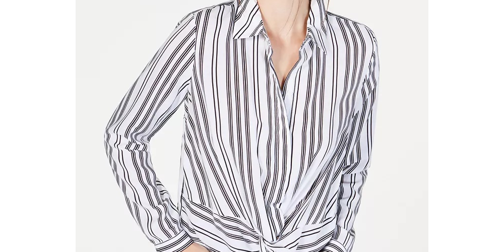Camisa feminina com botões e frente torcida da INC International Concepts, branca/preta, tamanho X-S