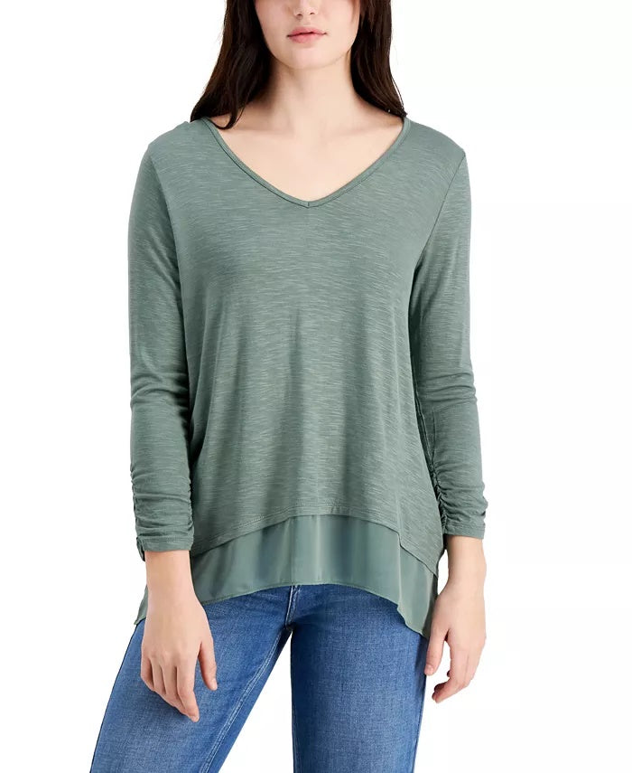 Blusa feminina estilo &amp; co, decote em V, chiffon, bainha, verde, tamanho pequeno