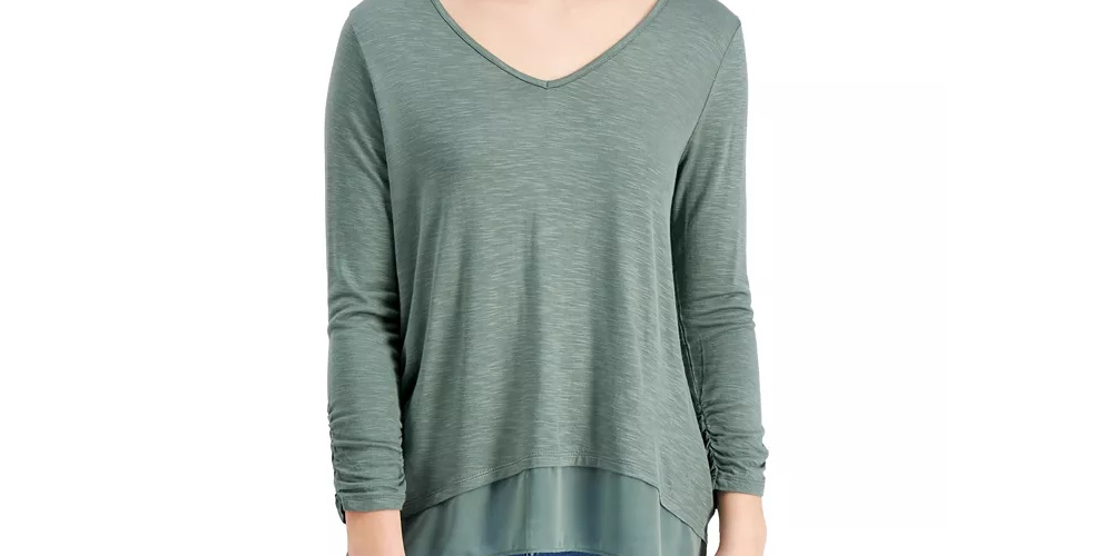 Blusa feminina estilo &amp; co, decote em V, chiffon, bainha, verde, tamanho pequeno