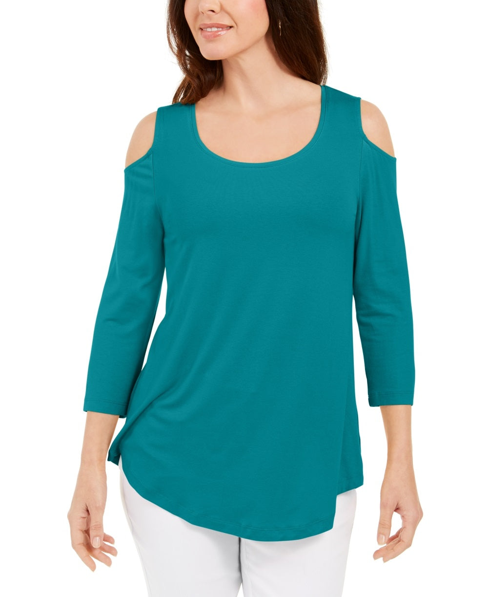 JM Collection Blusa feminina com ombros descobertos, azul, tamanho médio