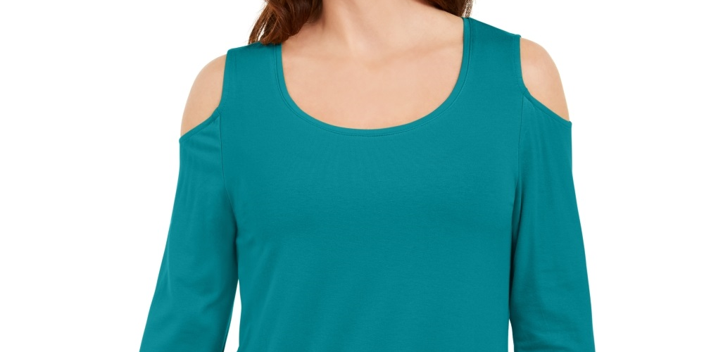 JM Collection Blusa feminina com ombros descobertos, azul, tamanho médio